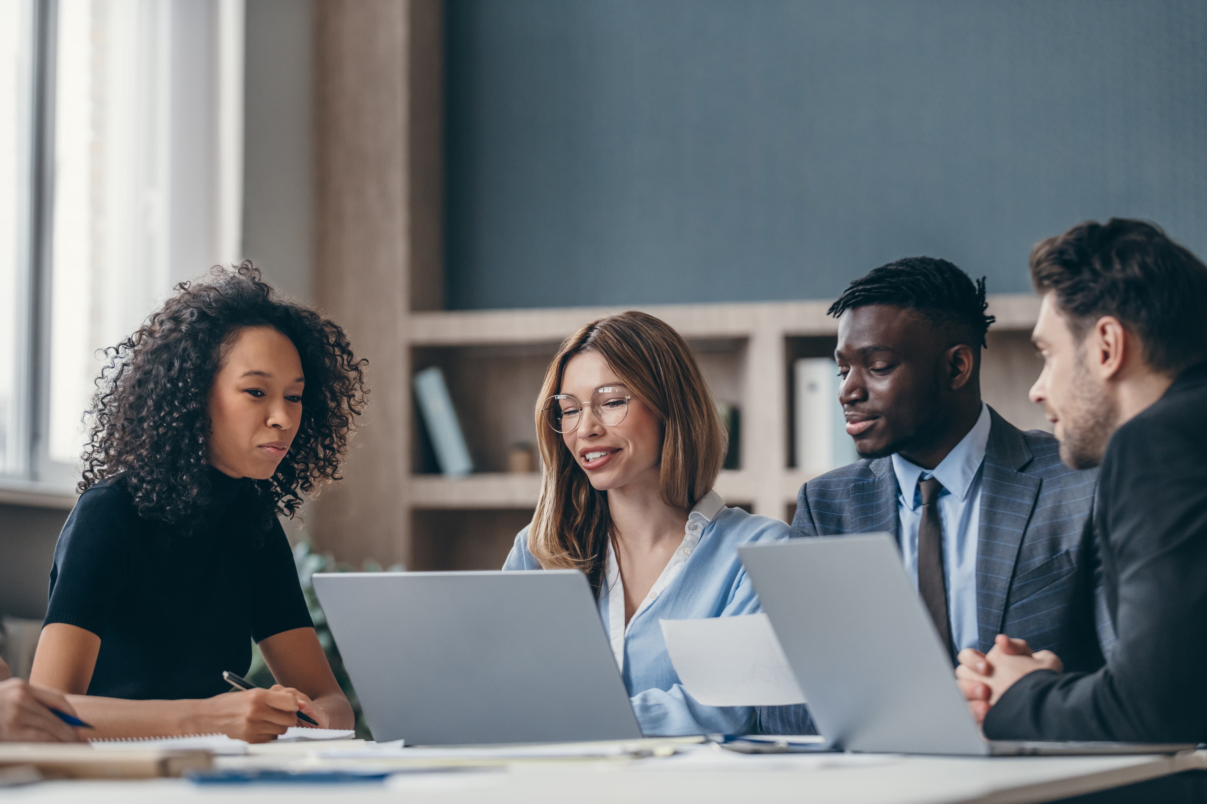 Business consultants discussing financial strategy